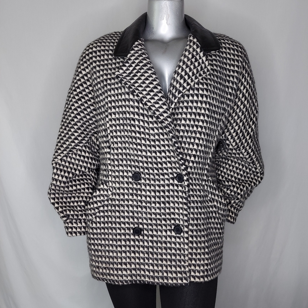 Union Vtg Jacobsons Wool Coat‎ Large Houndstooth Double Breasted Leather Collar